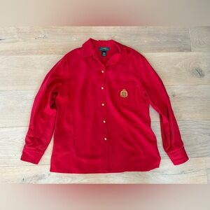 Vintage Lauren Ralph Lauren red 100% crest silk gold button shirt - med petite